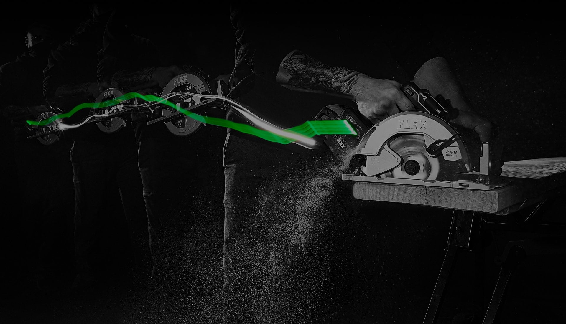 Closeup of man using a FLEX 24V Circular Saw
